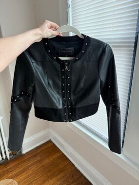 BCBGMaxAzria Black Studded Cropped Leather Jacket with suede